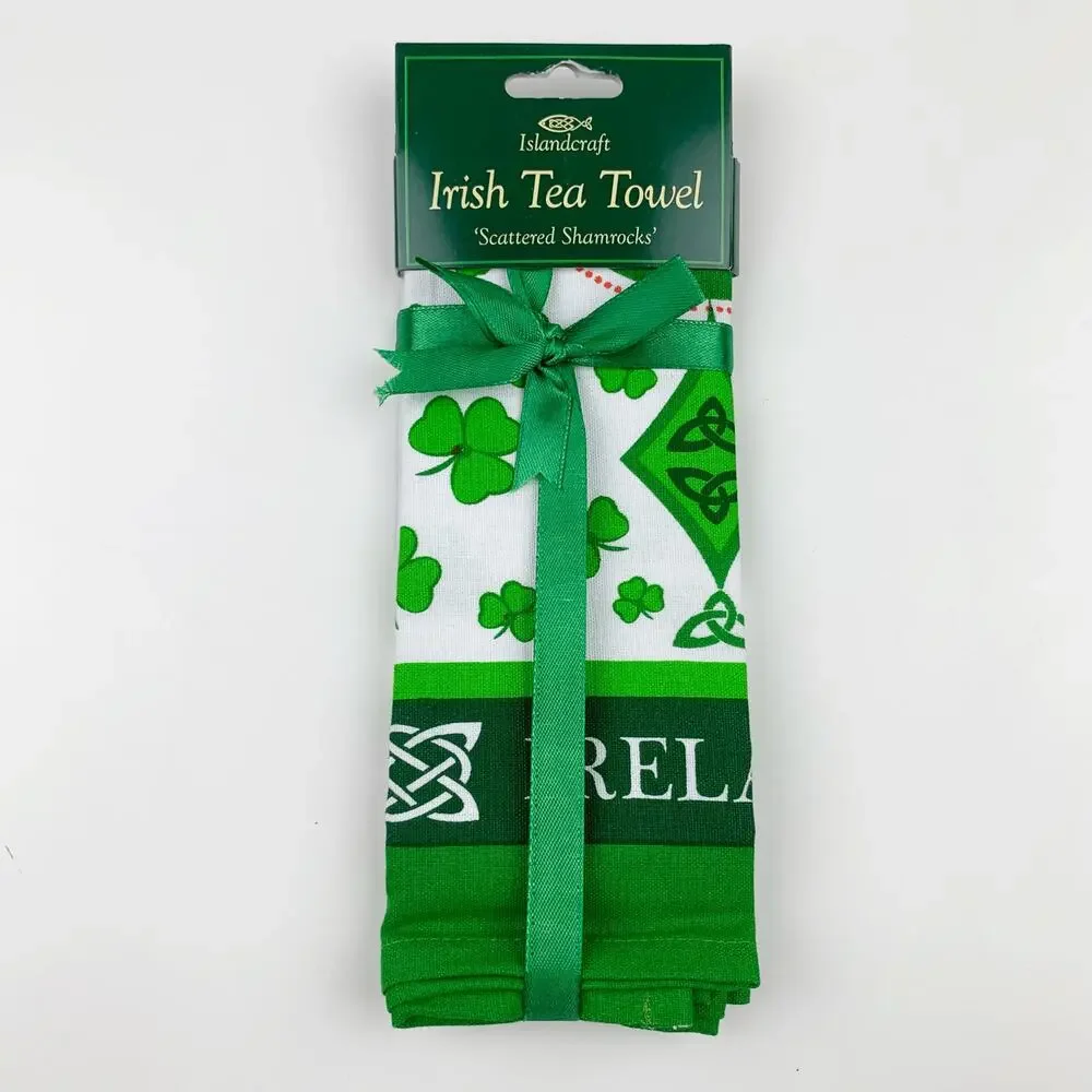 New Islandcraft Irish Tea Towel Scattered Shamrocks Design White Green Cotton